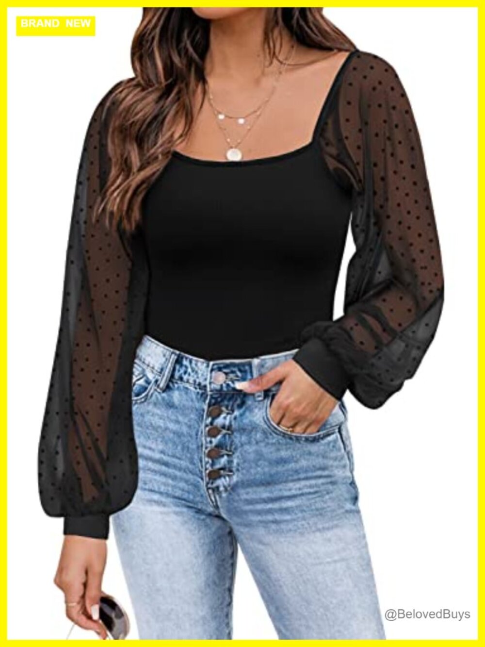 Mesh Long Sleeve Blouse Square Neck Swiss Dot Puff Sleeve Top